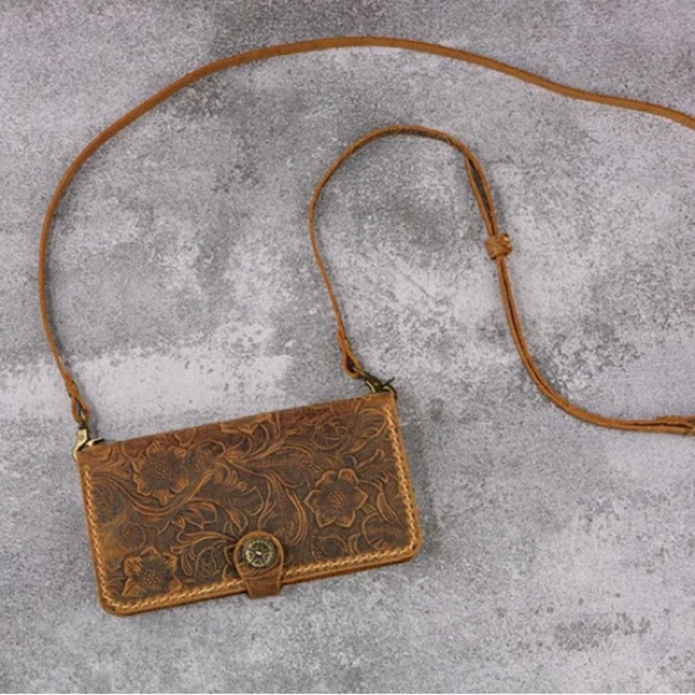 Hand Tooled Genuine Leather Wallet iPhone 13 Mini Case w/ Adjustable Strap